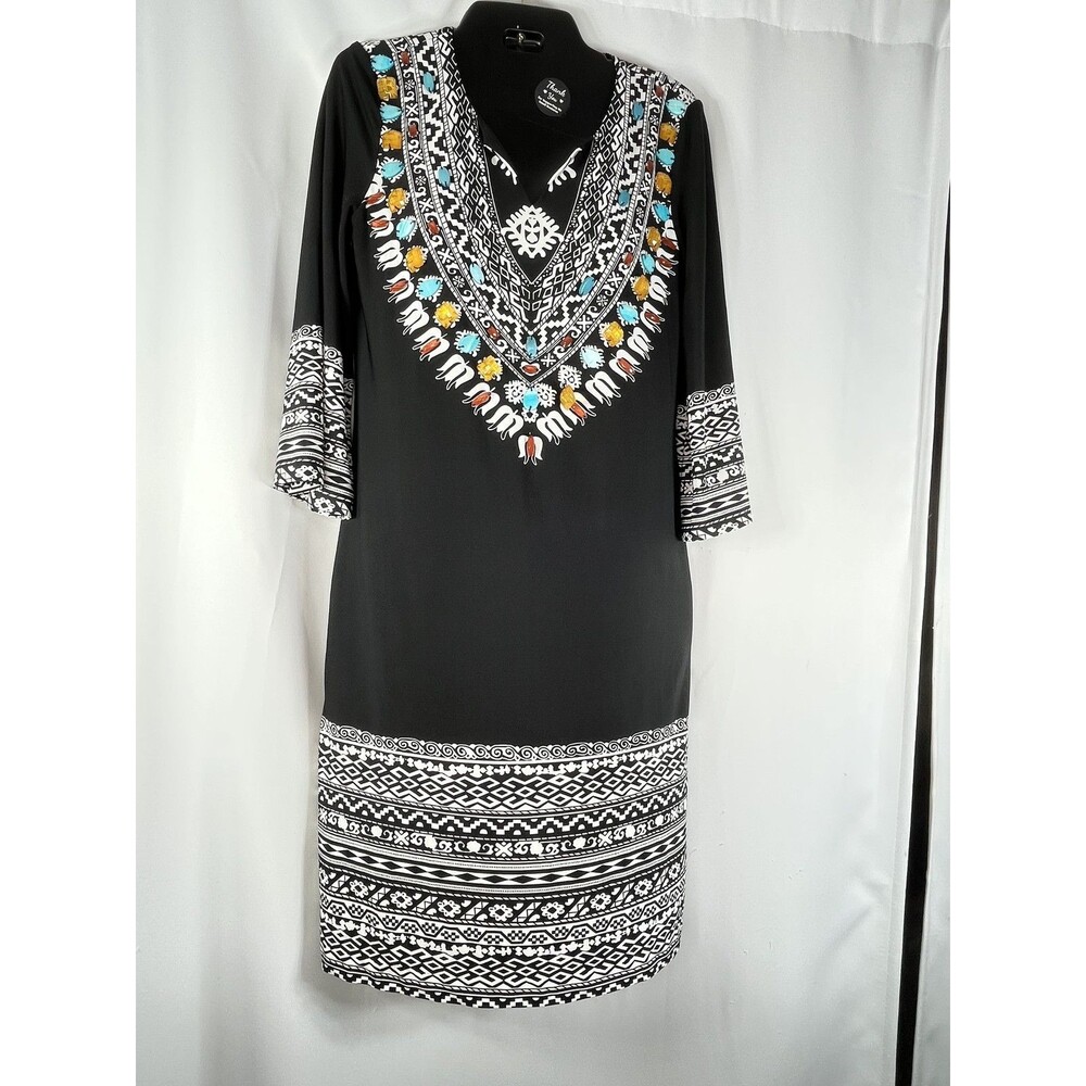 Chico's Dress Womens 0 S Black Geometric Beaded V Neck 3/4 Sleeve Kaftan Shift